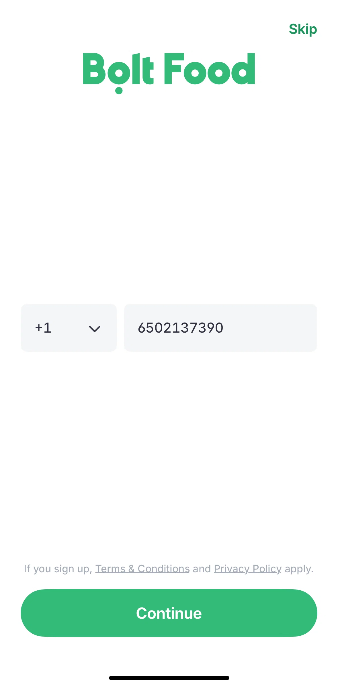Bolt Food Screen screen in the Logging in flow