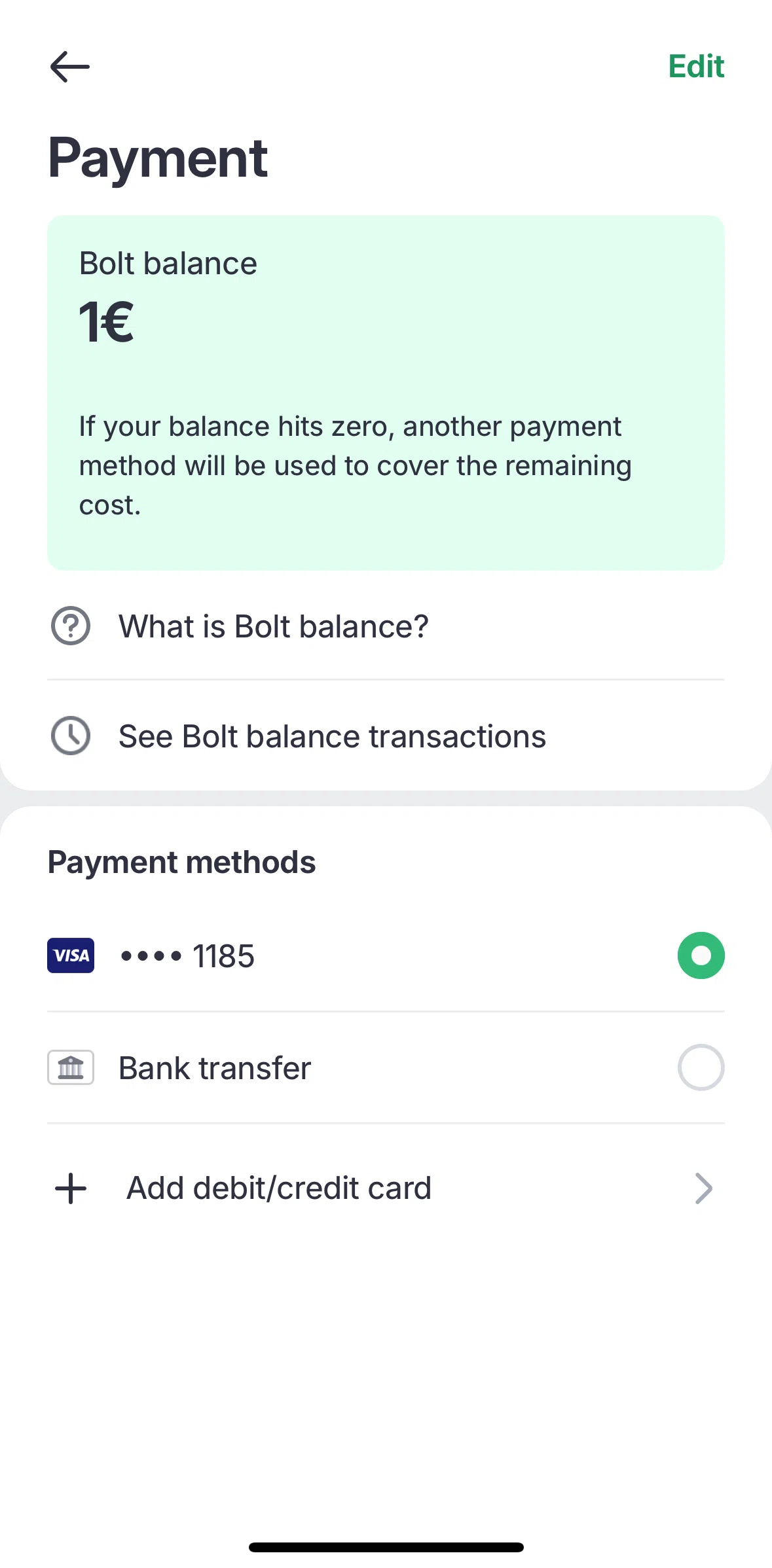 Bolt Food Screen screen in the Removing payment method flow