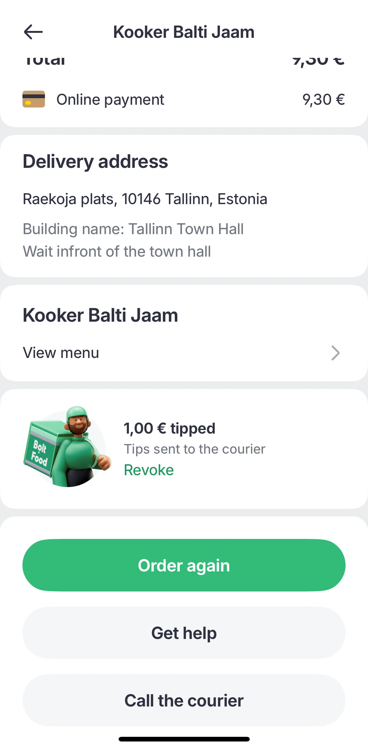 Bolt Food Screen screen in the Revoking courier tips flow