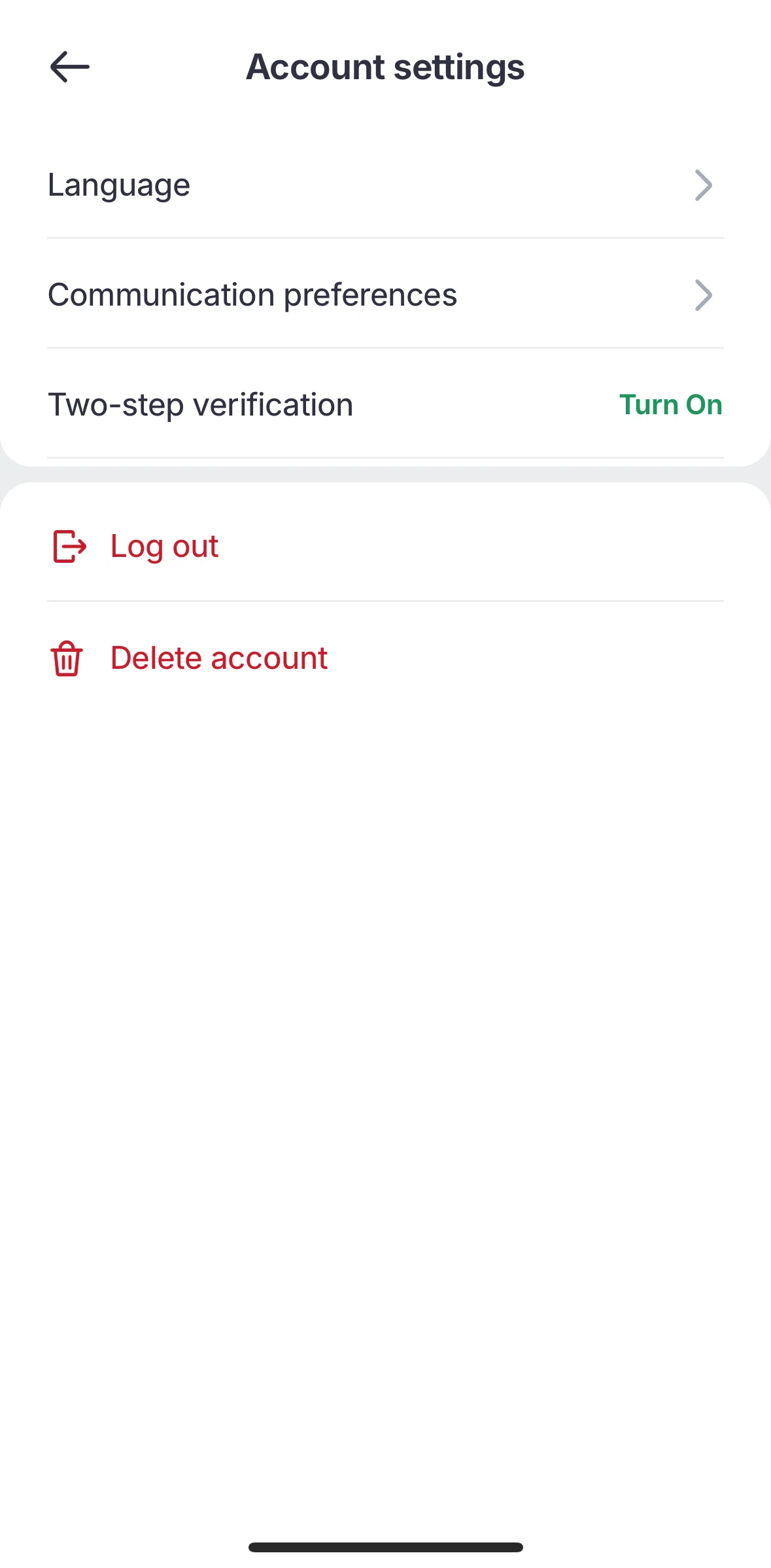 Bolt Food Screen screen in the Turning on two-step verification flow