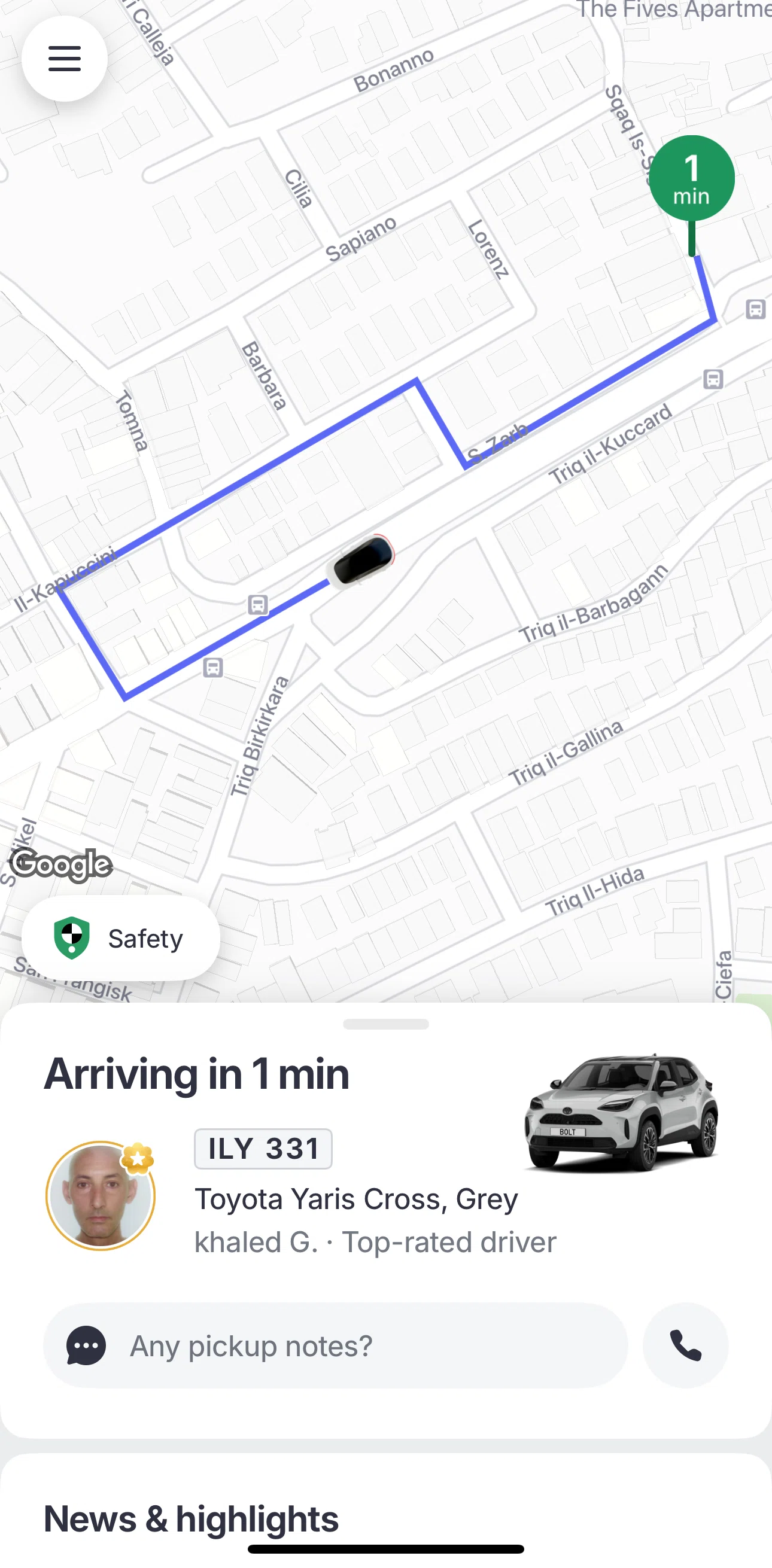 Bolt Screen screen in the Driver detail flow