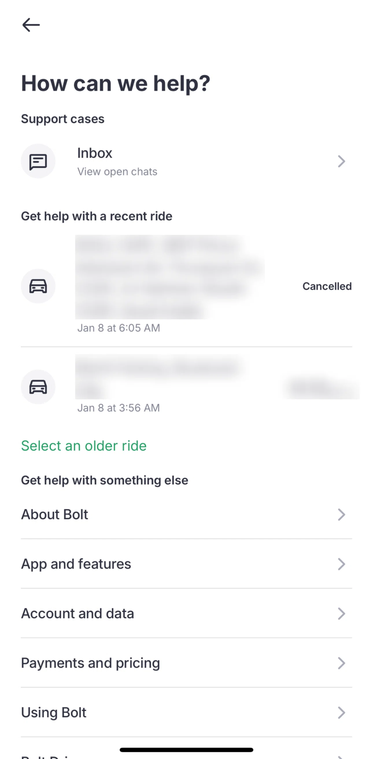 Bolt Screen screen in the Get help with a recent ride flow