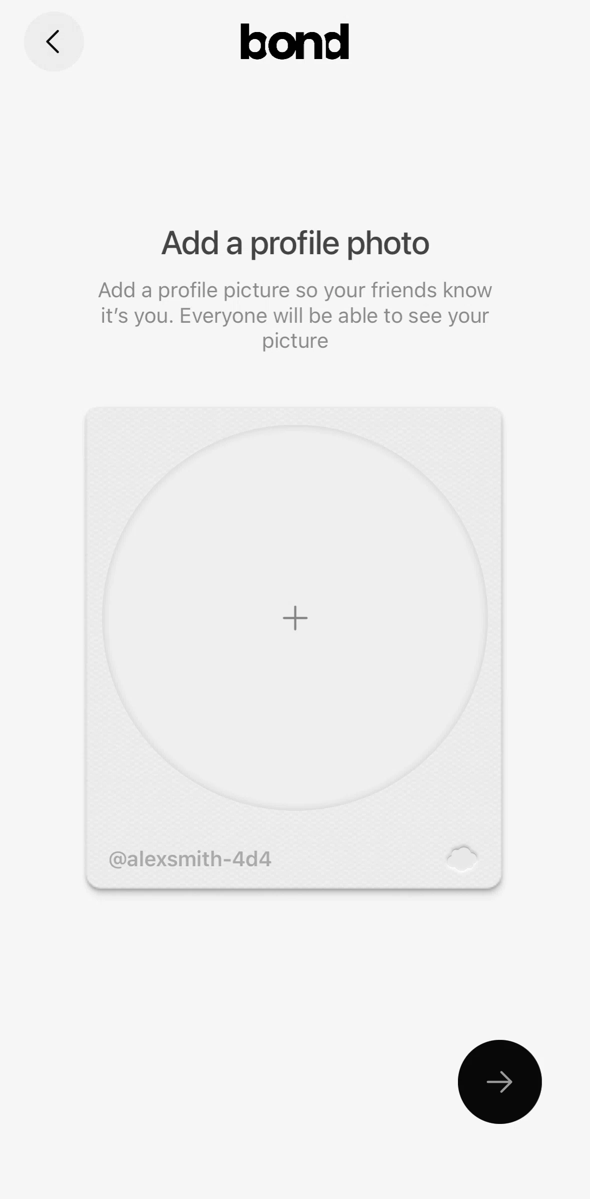 Bond Screen screen in the Adding a profile photo flow