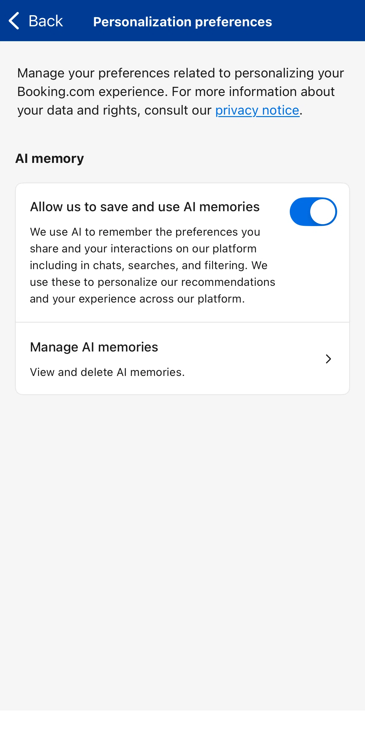 Booking Com Screen 1 screen in the AI memories flow