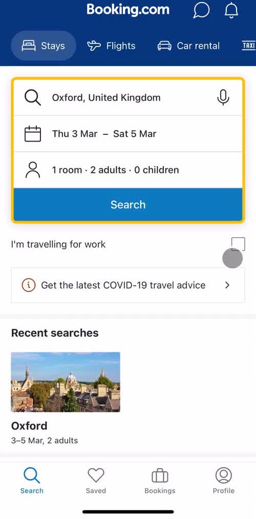 Booking Com Search screen in the Booking A Room flow