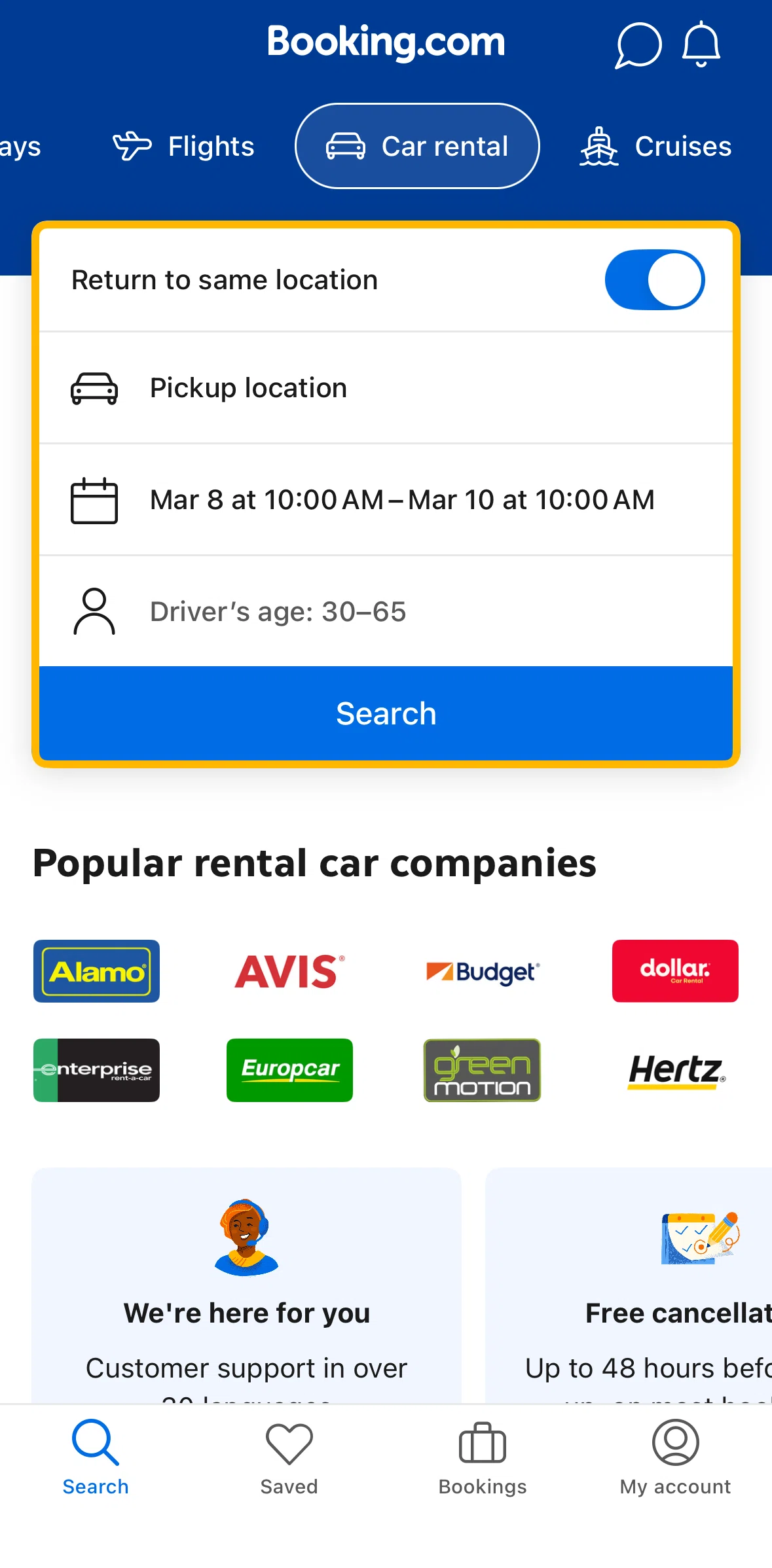 Booking Com Screen 1 screen in the Car rental flow
