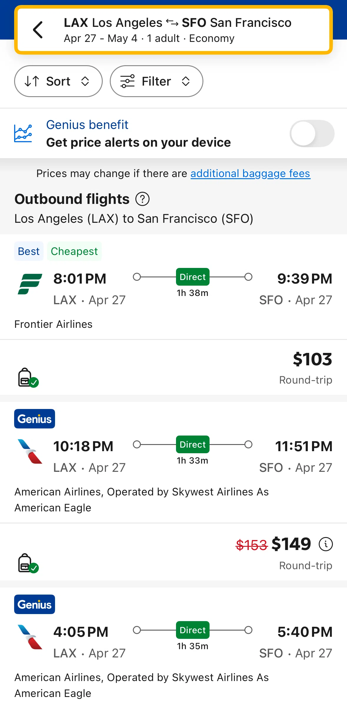 Booking Com Screen 1 screen in the Filtering flights flow