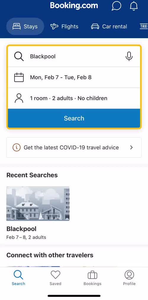 Booking Com Search screen in the Finding Hotels flow