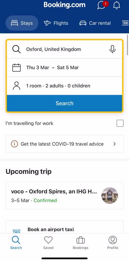 Booking Com Search screen in the General Browsing flow