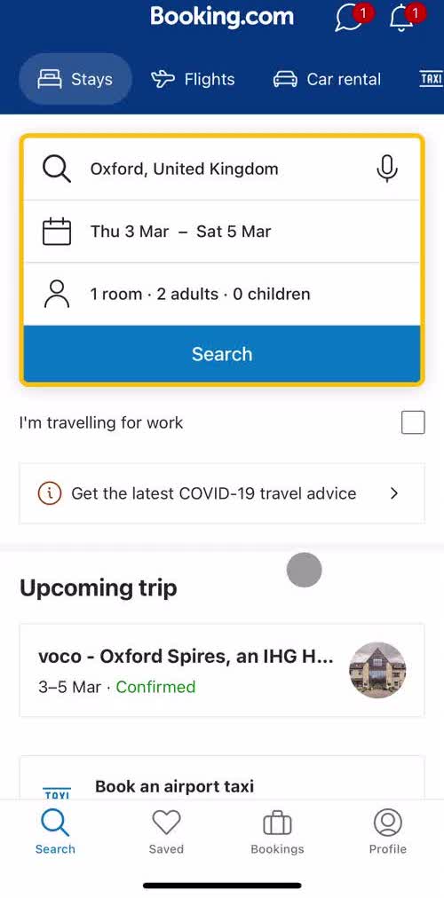 Booking Com Search screen in the Leaving A Review flow