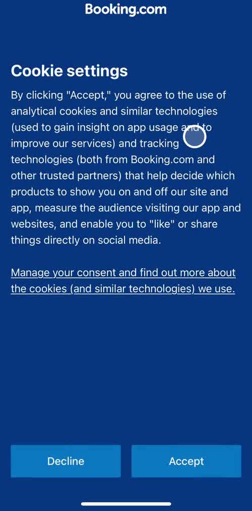 Booking Com Accept cookie policy screen in the Onboarding flow