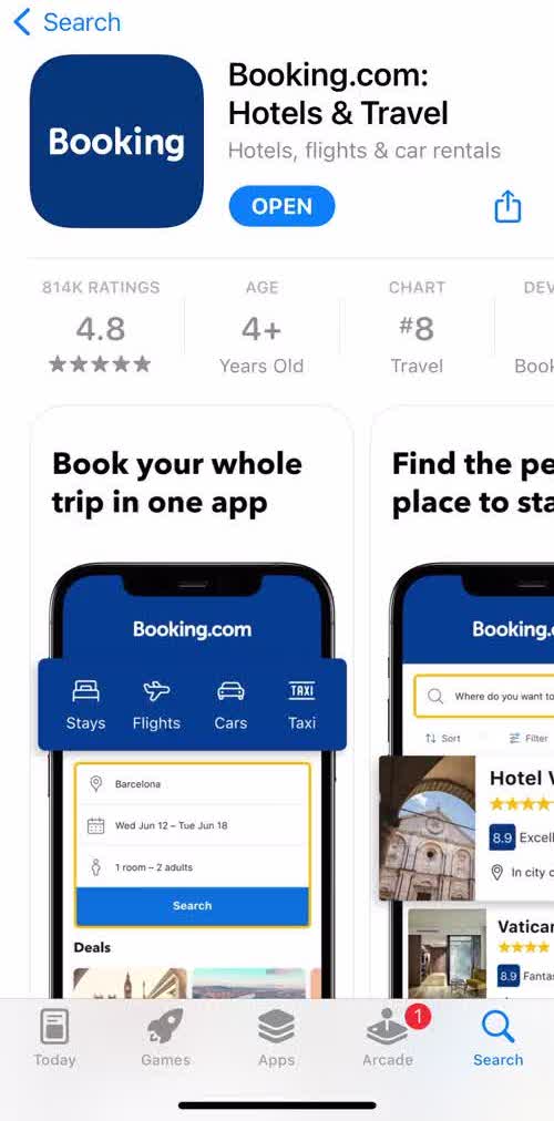 Booking Com App store listing screen in the Onboarding flow