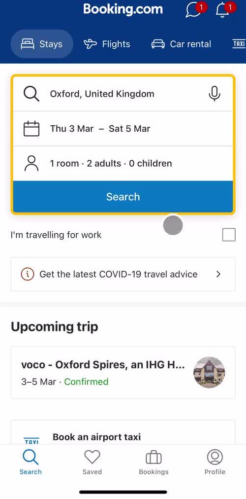 Booking Com Search screen in the Order History flow