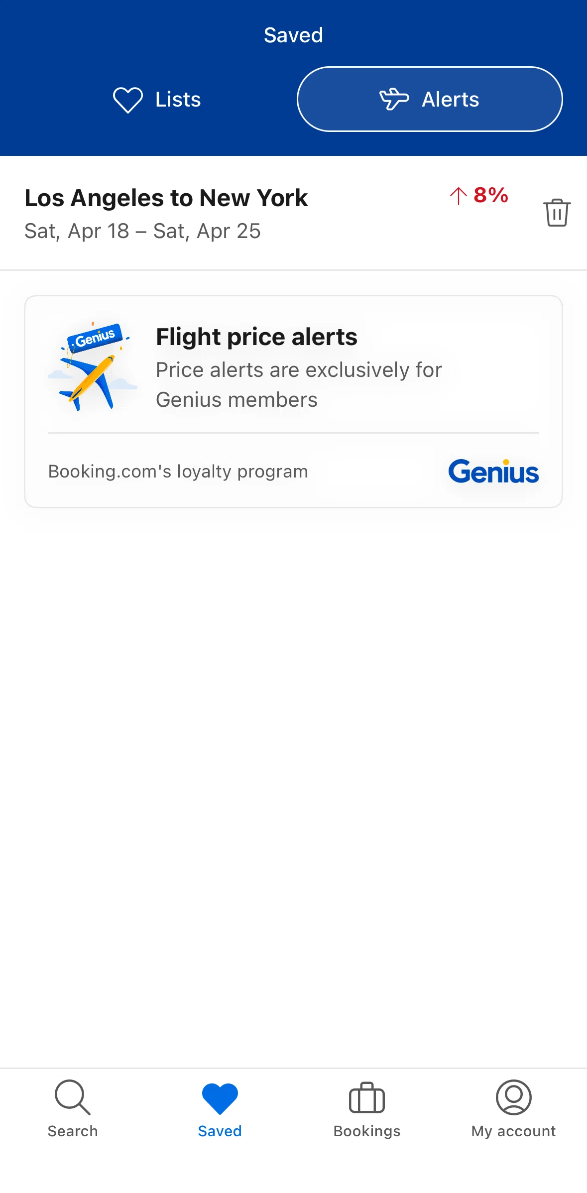 Booking Com Screen 1 screen in the Removing an alert flow
