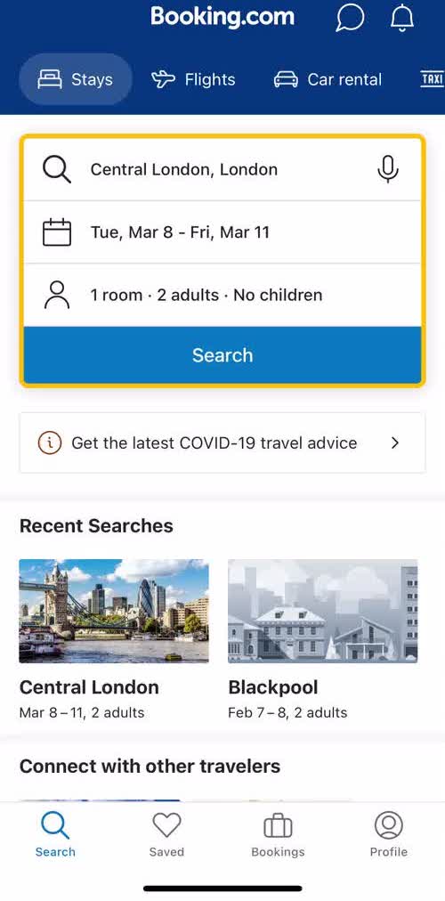 Booking Com Search screen in the Saving flow