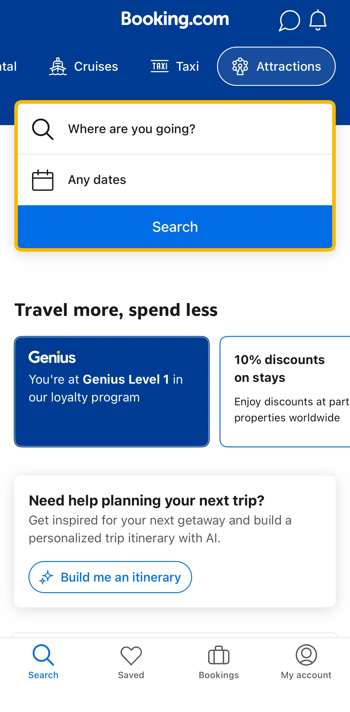 Booking Com Screen 1 screen in the Searching attractions flow