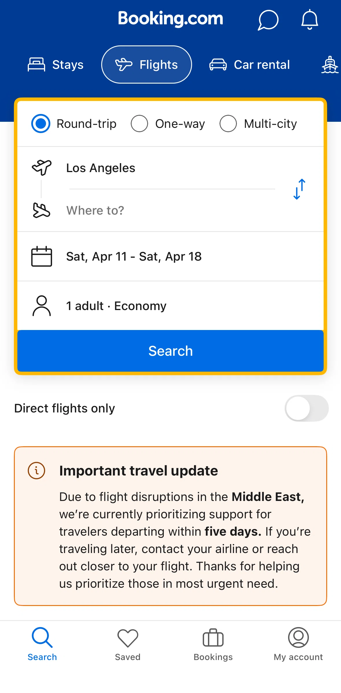 Booking Com Screen 1 screen in the Searching flights flow