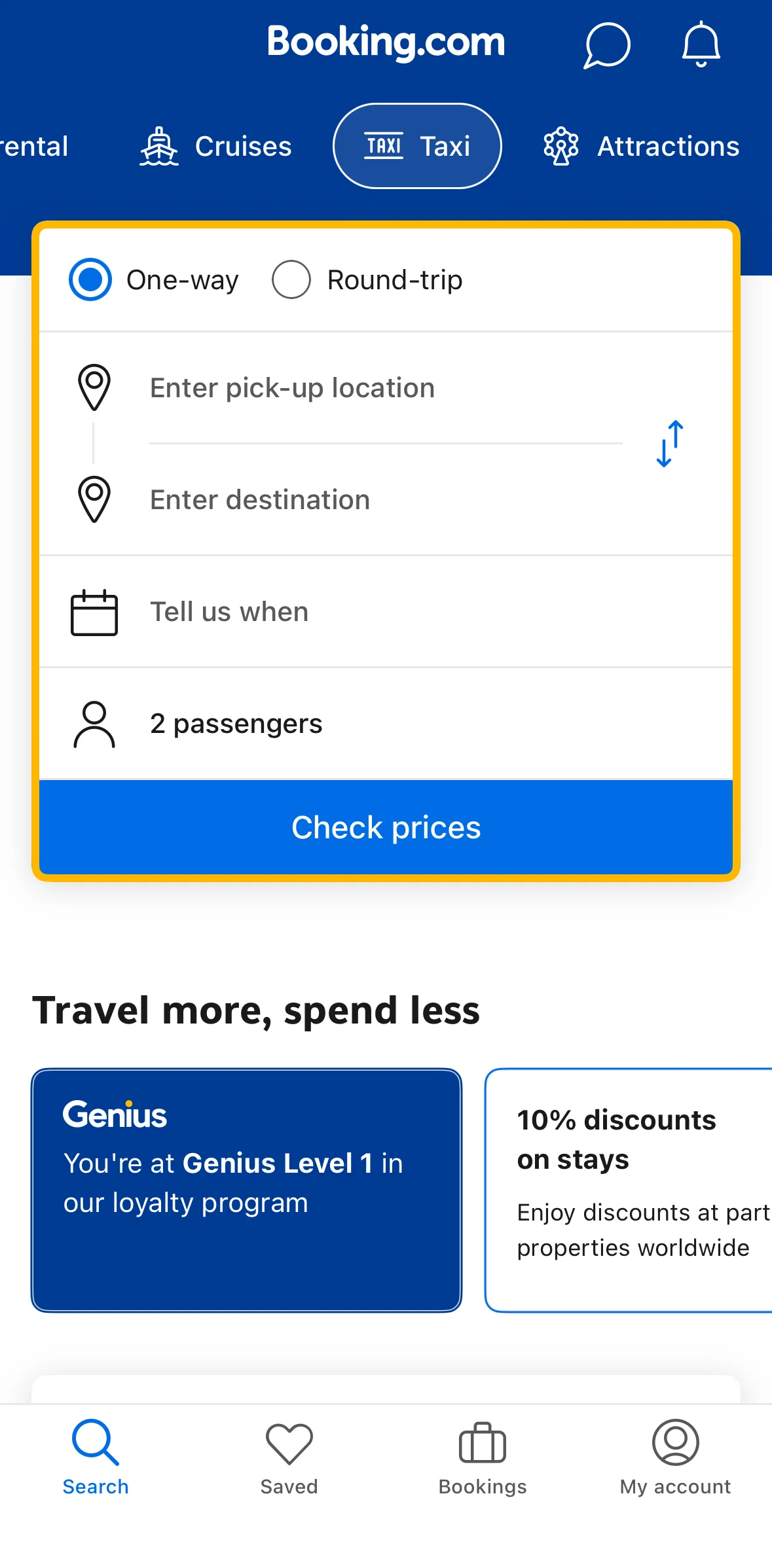 Booking Com Screen 1 screen in the Searching taxis flow