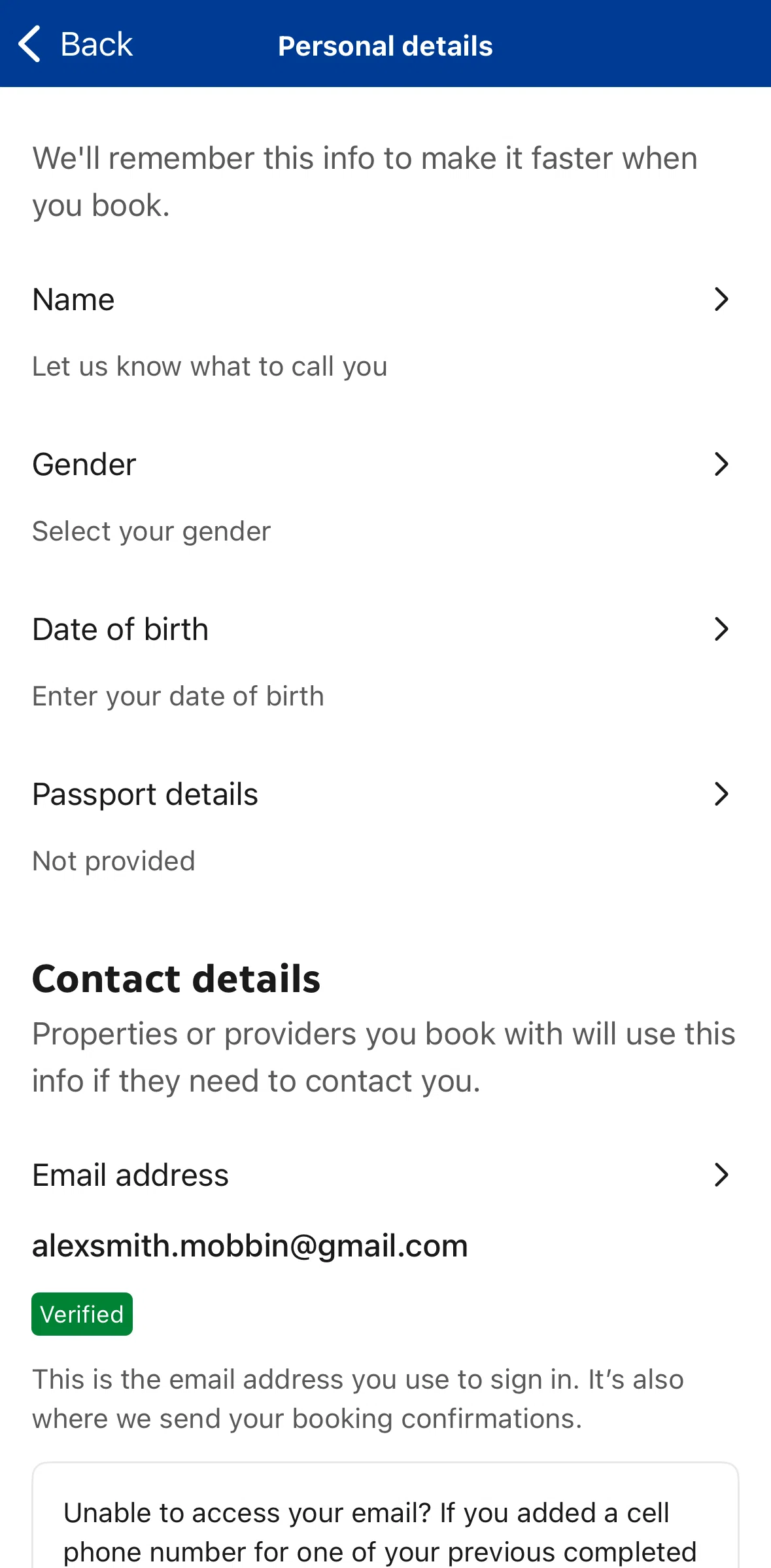 Booking Com Screen 1 screen in the Selecting gender flow