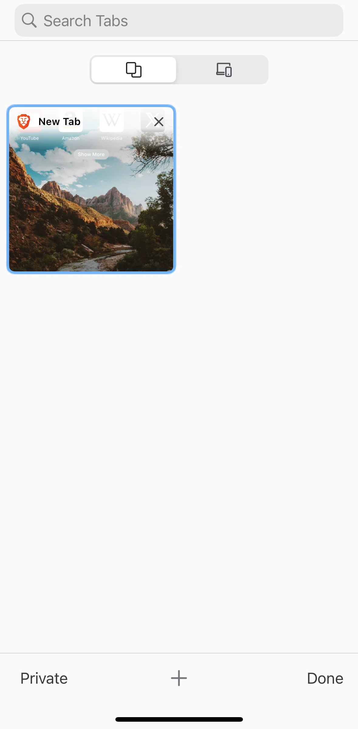 Brave Browser Screen screen in the Adding a new tab flow
