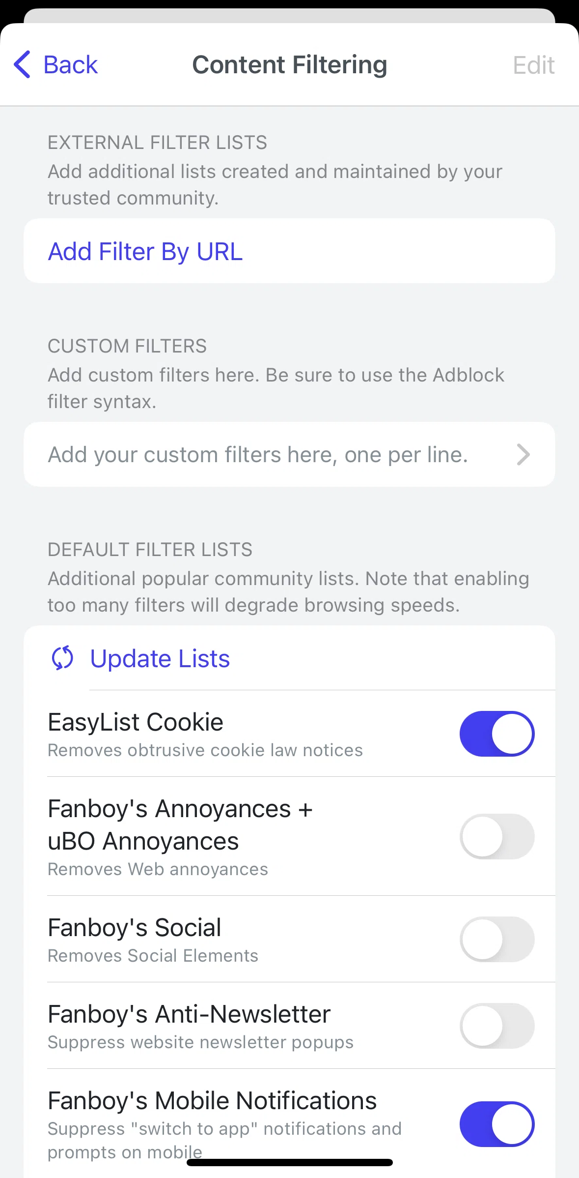 Brave Browser Screen screen in the Adding custom filter list (URL) flow