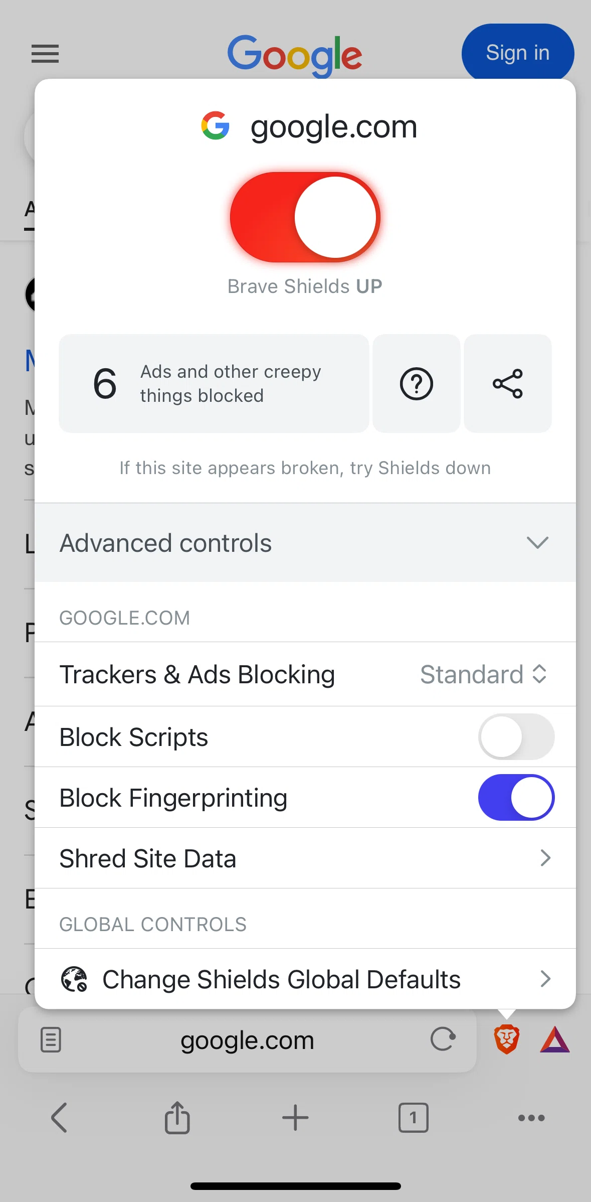 Brave Browser Screen screen in the Brave shields & privacy flow