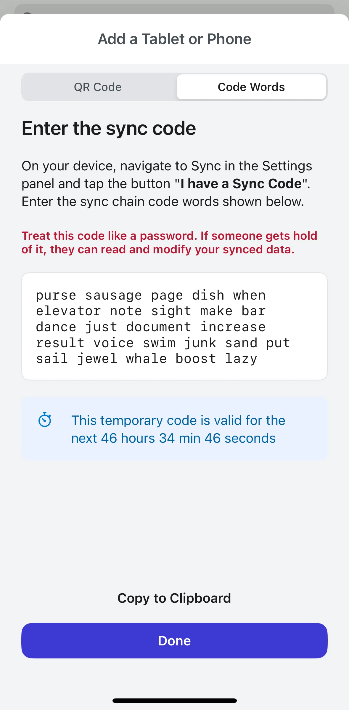 Brave Browser Screen screen in the Copying sync code flow