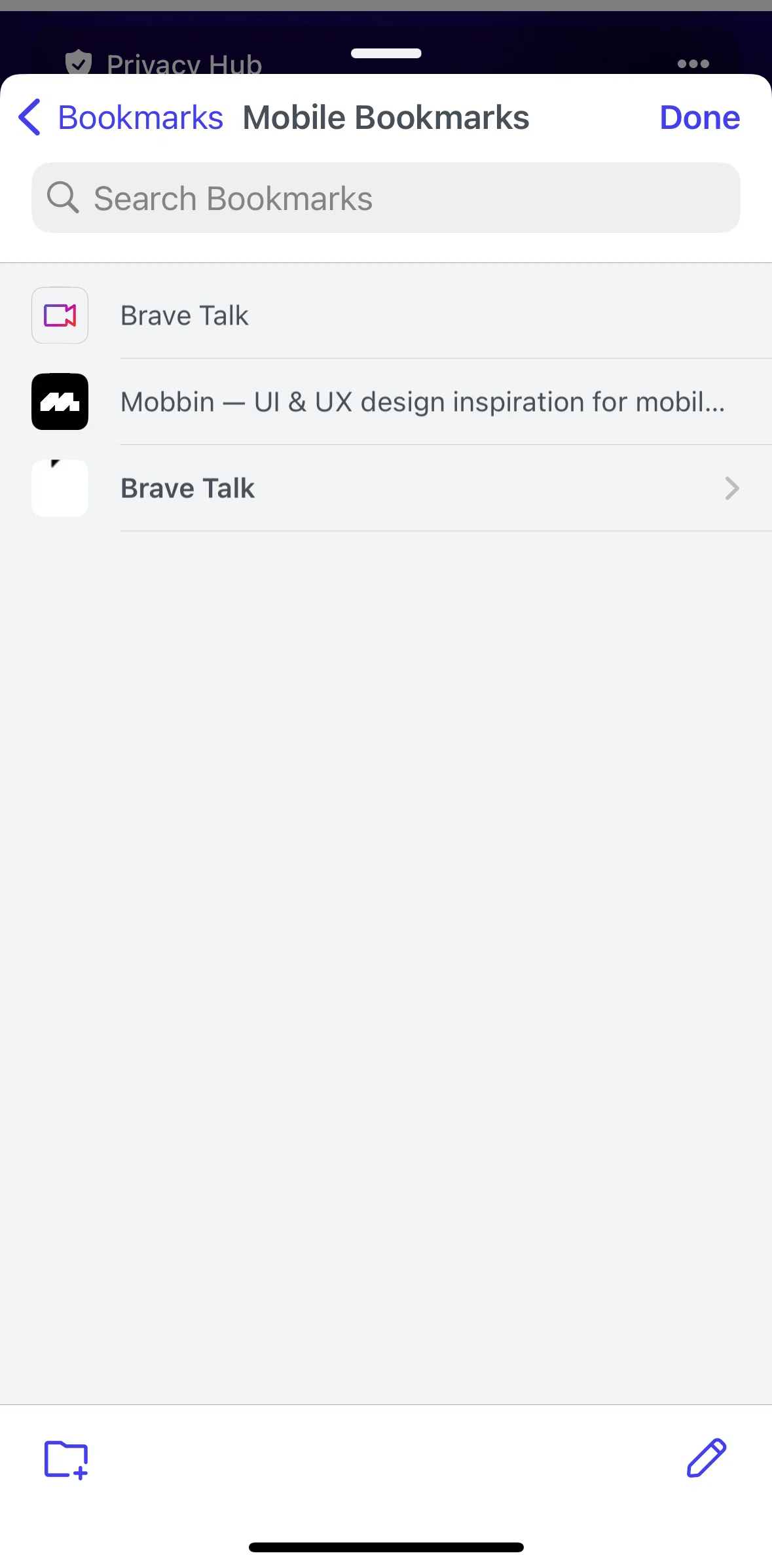 Brave Browser Screen screen in the Creating a new folder flow