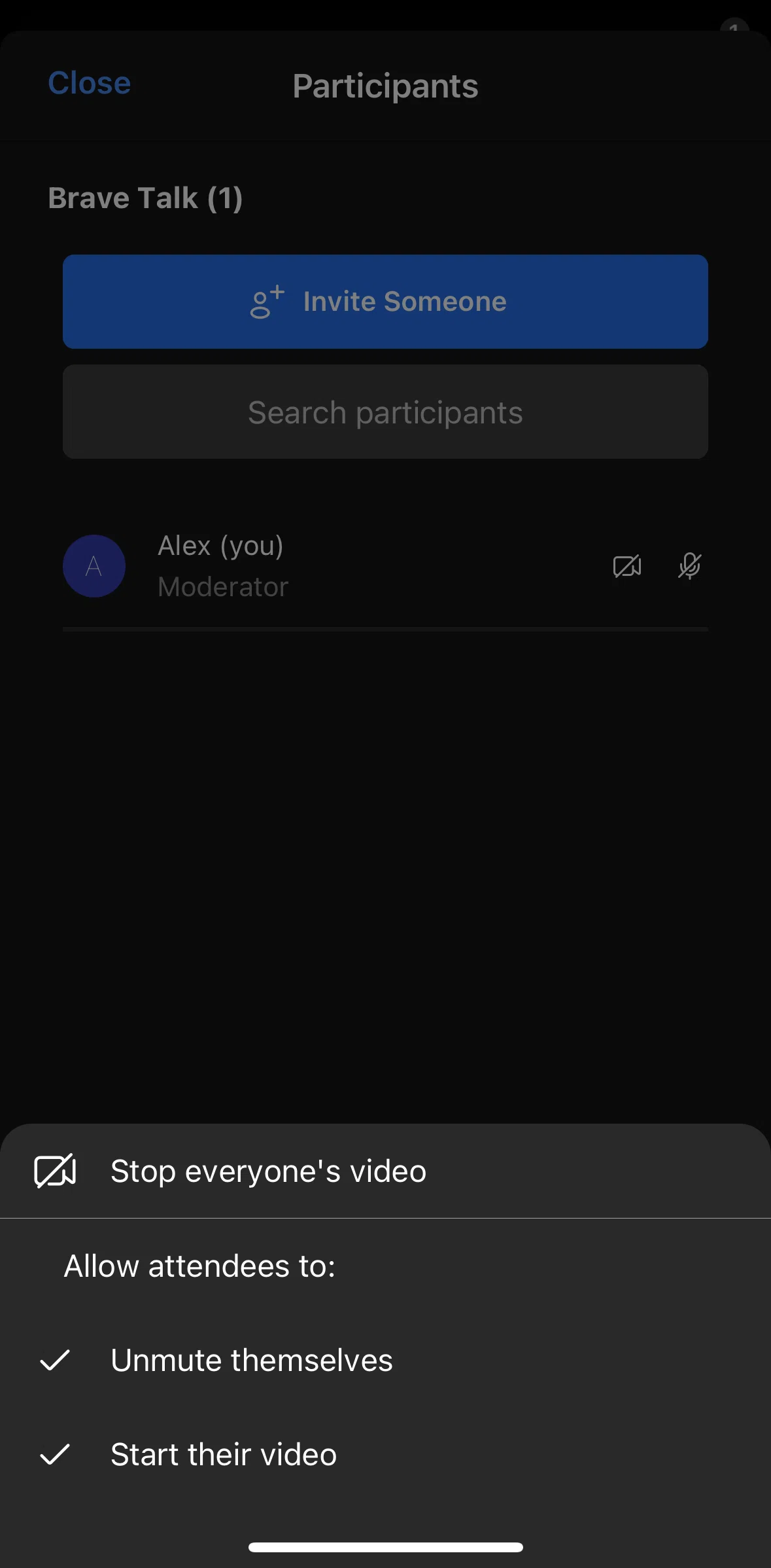 Brave Browser Screen screen in the Disabling everyone video flow