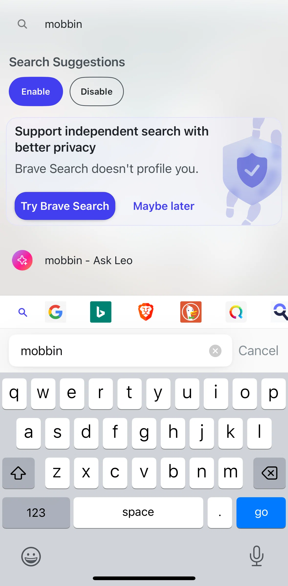 Brave Browser Screen screen in the Enabling search suggestions flow