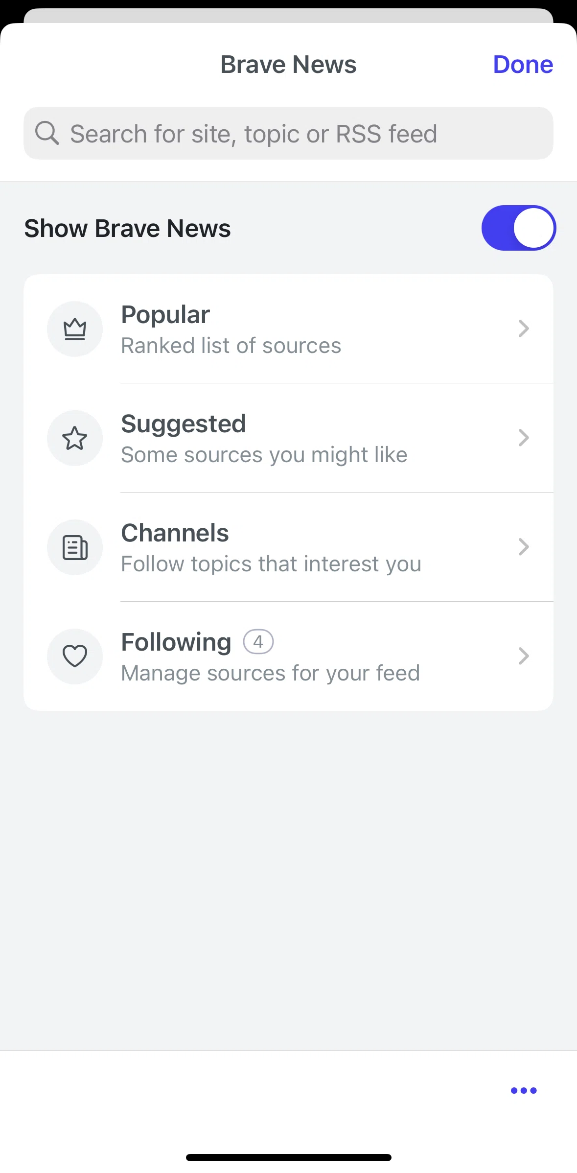 Brave Browser Screen screen in the Import OPML flow