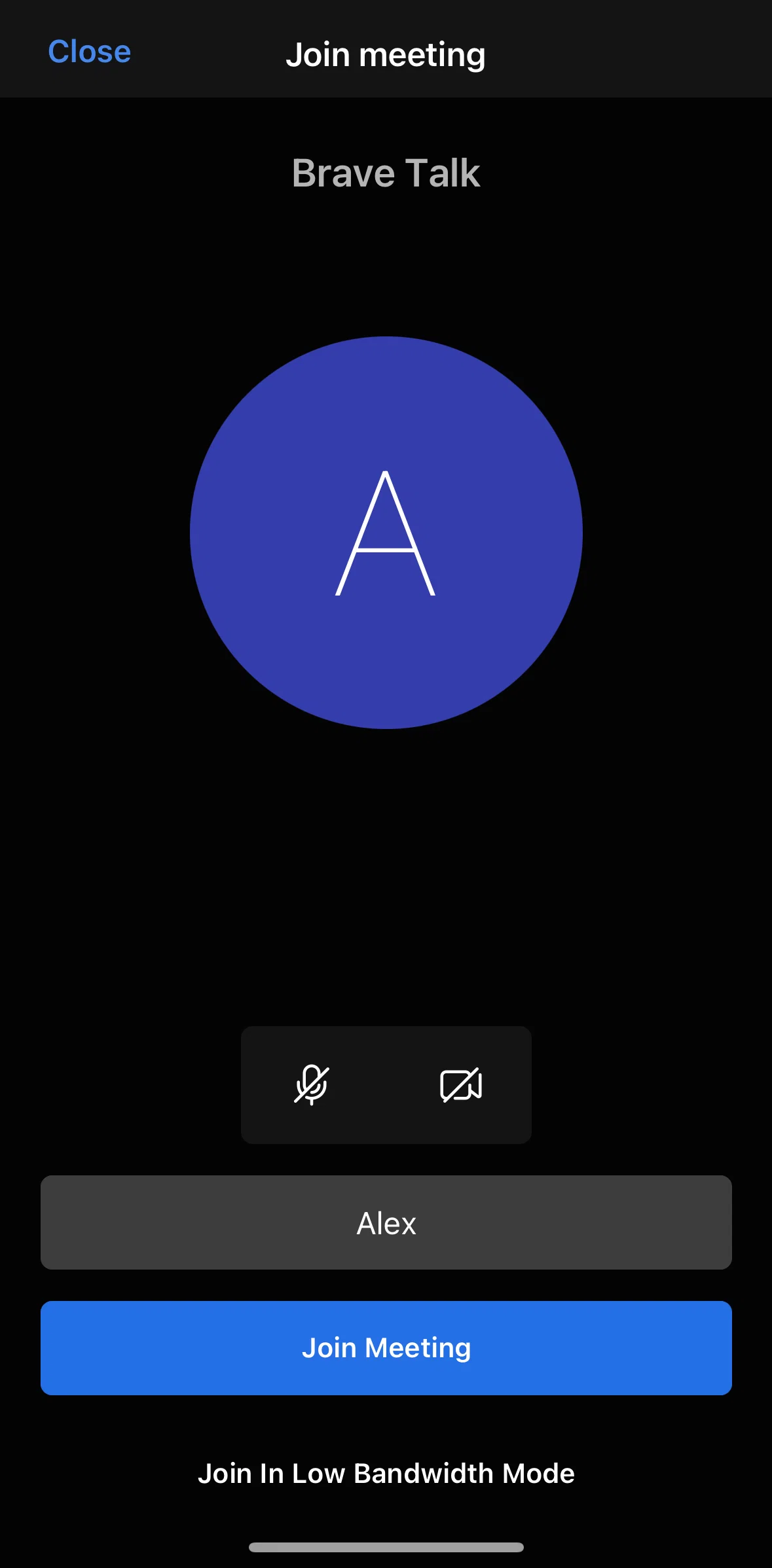 Brave Browser Screen screen in the Joining in low bandwidth mode flow