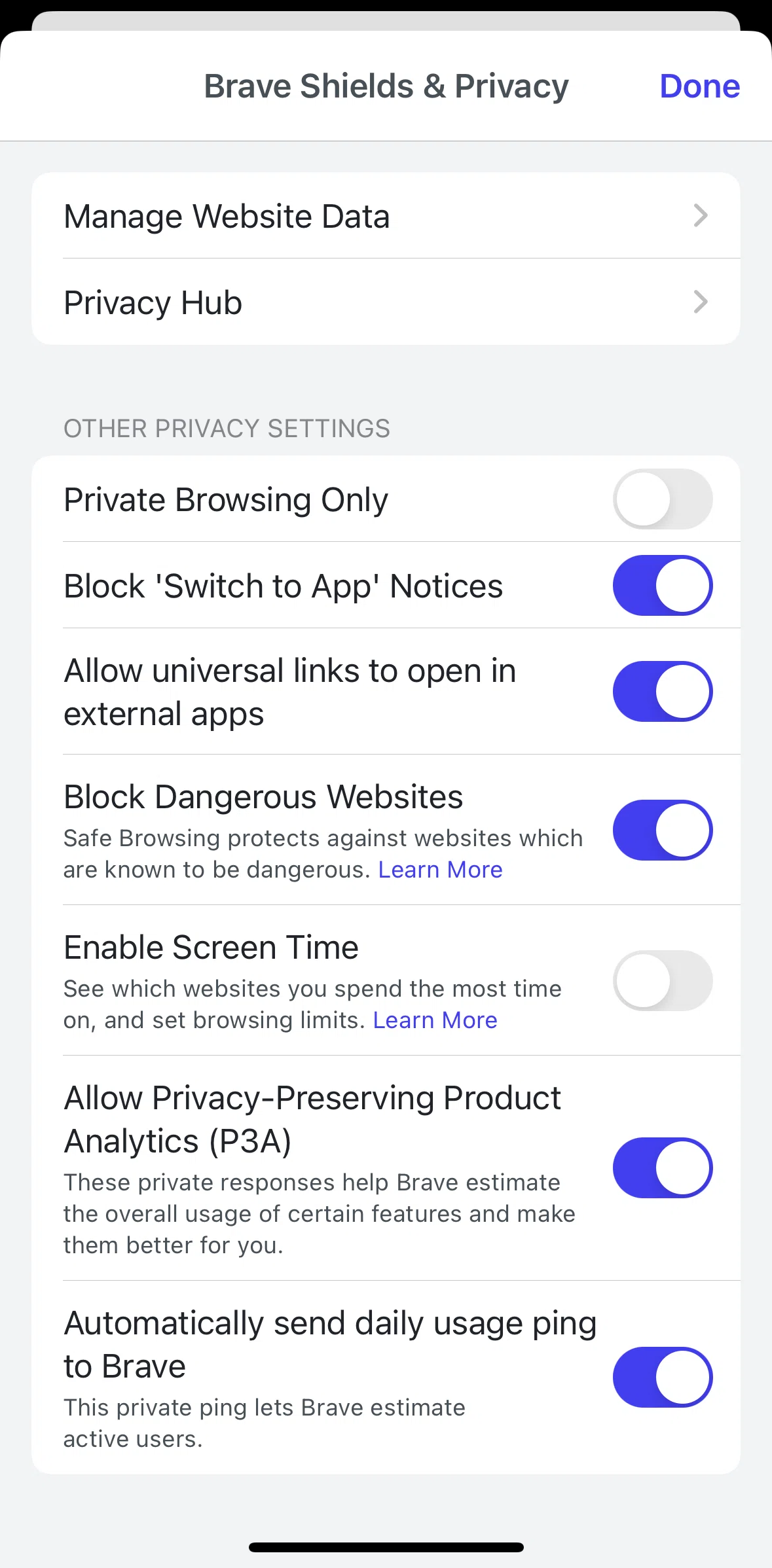 Brave Browser Screen screen in the Manage website data flow