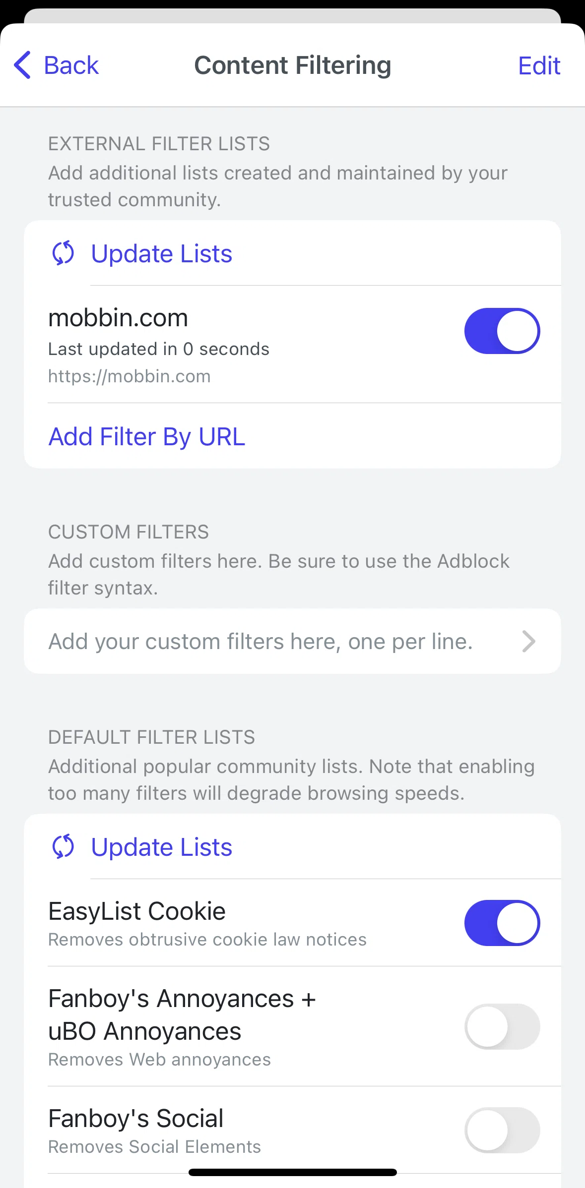 Brave Browser Screen screen in the Removing a custom filter list flow