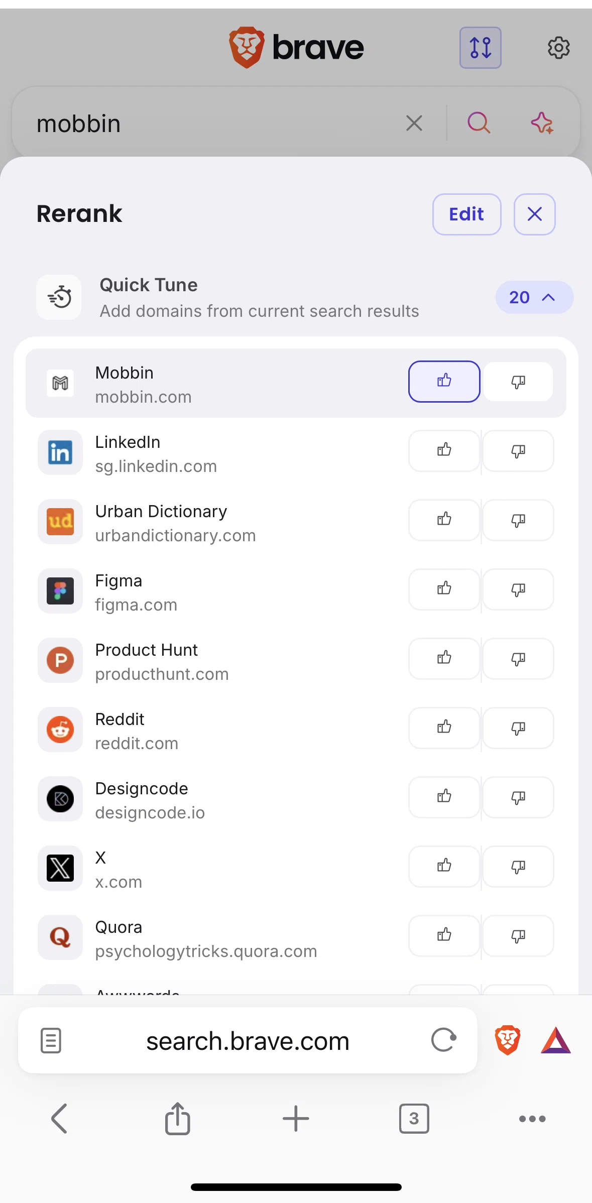 Brave Browser Screen screen in the Removing from raised domains flow