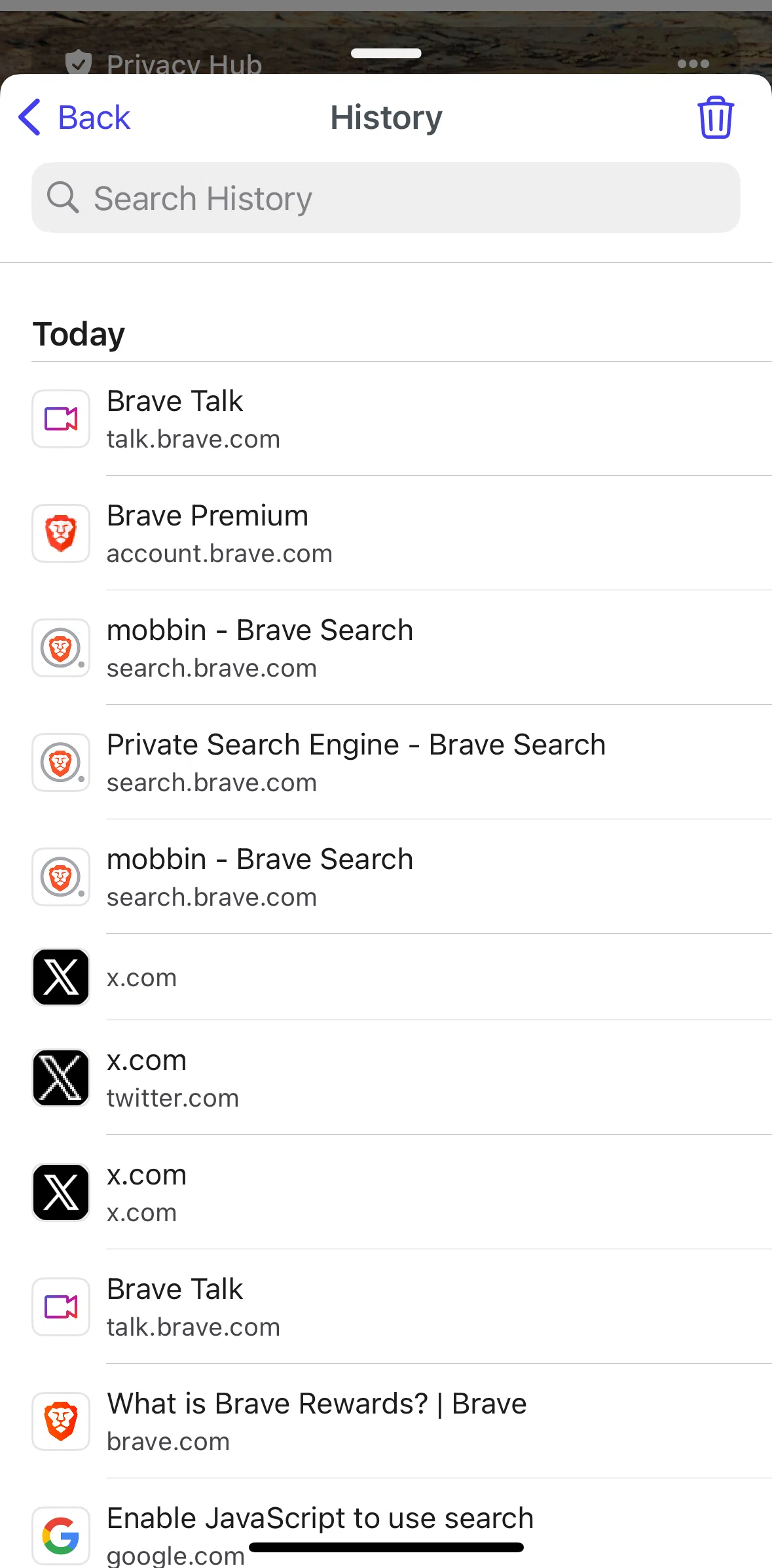 Brave Browser Screen screen in the Searching history flow