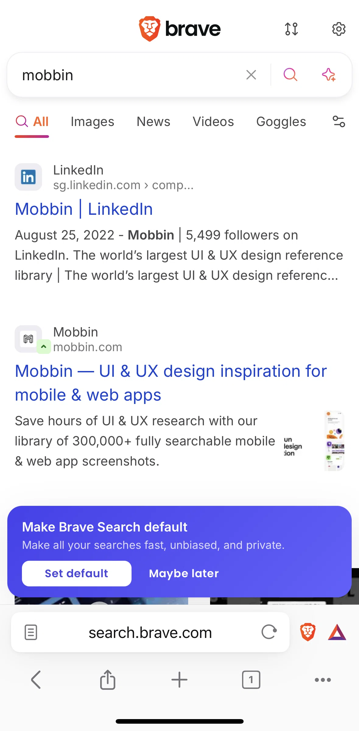 Brave Browser Screen screen in the Setting Brave Search as default flow