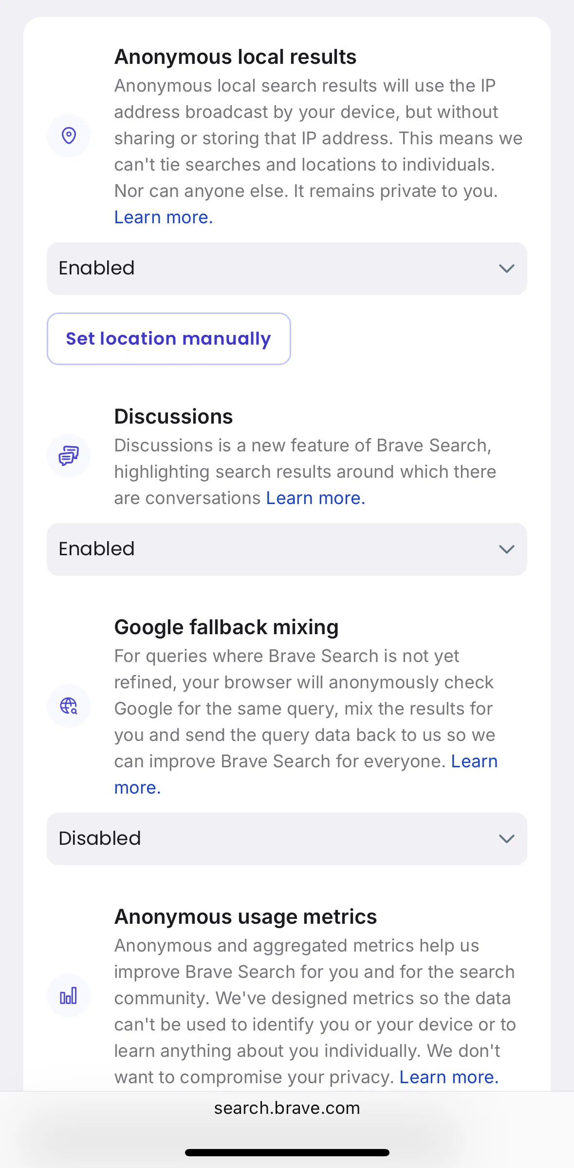 Brave Browser Screen screen in the Setting location manually flow