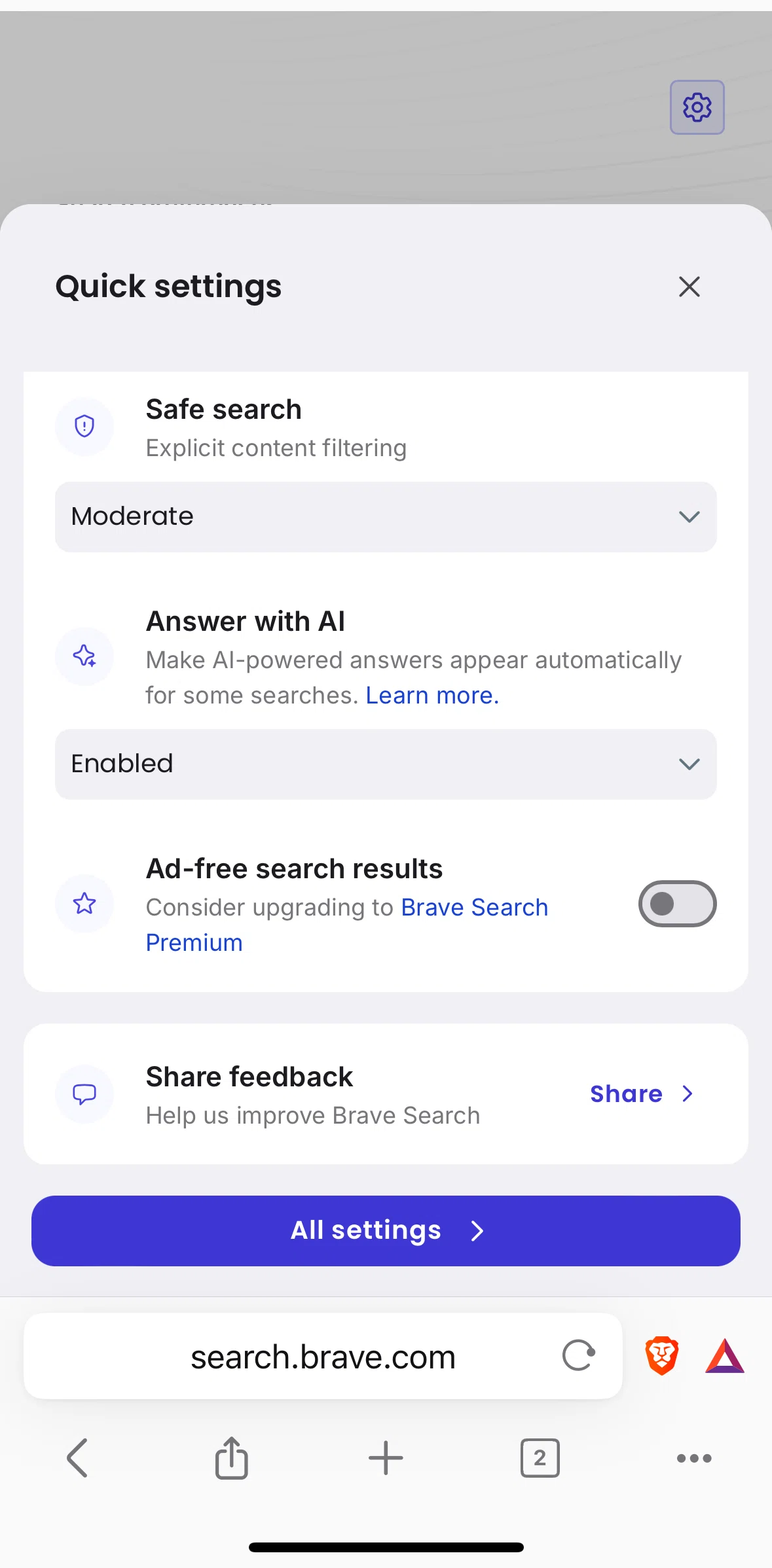 Brave Browser Screen screen in the Sharing a feedback flow
