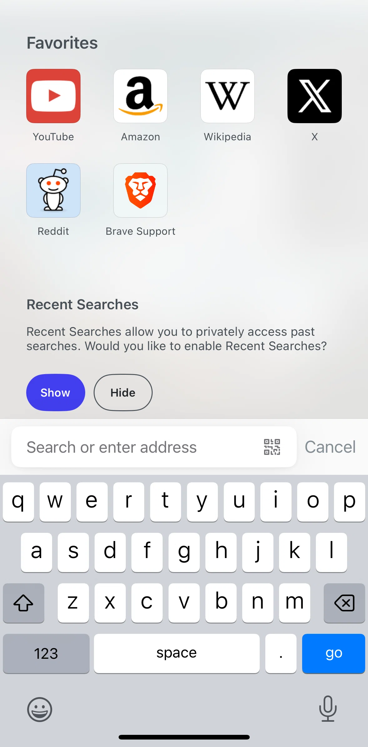 Brave Browser Screen screen in the Showing recent searches flow