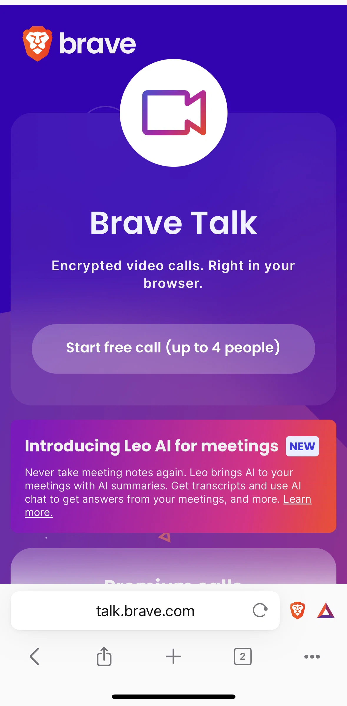 Brave Browser Screen screen in the Starting a free call flow