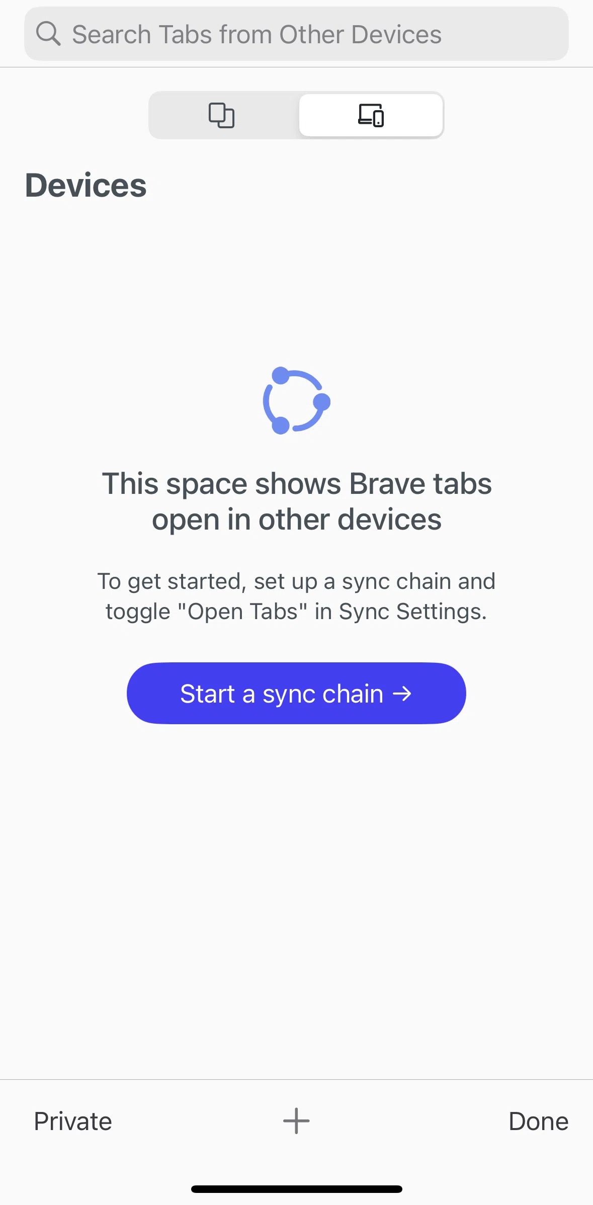 Brave Browser Screen screen in the Starting a sync chain flow