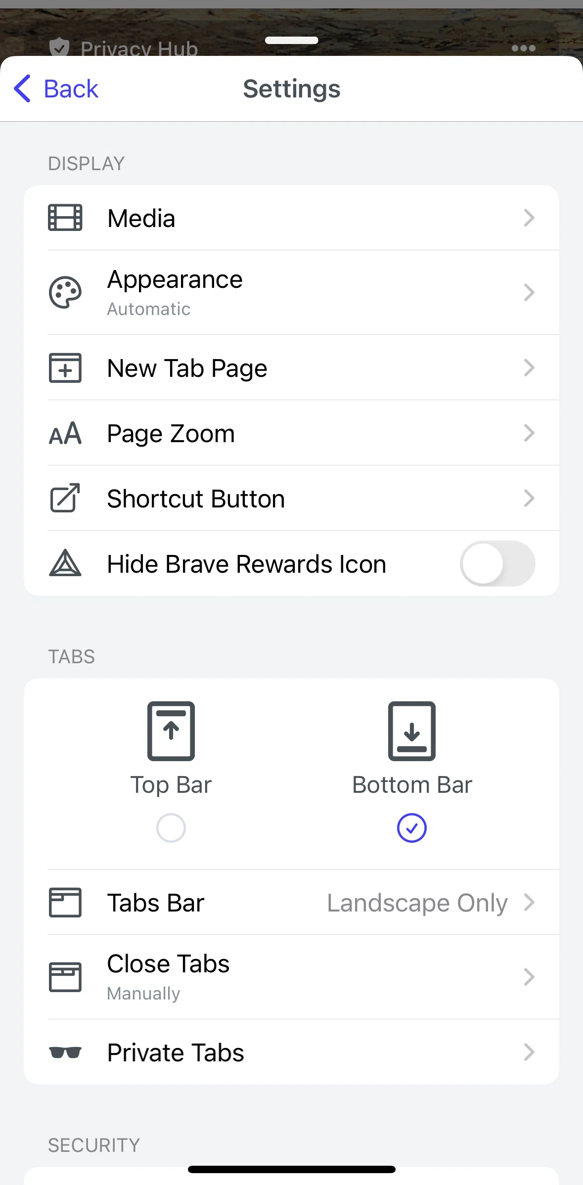 Brave Browser Screen screen in the Switching to dark mode flow