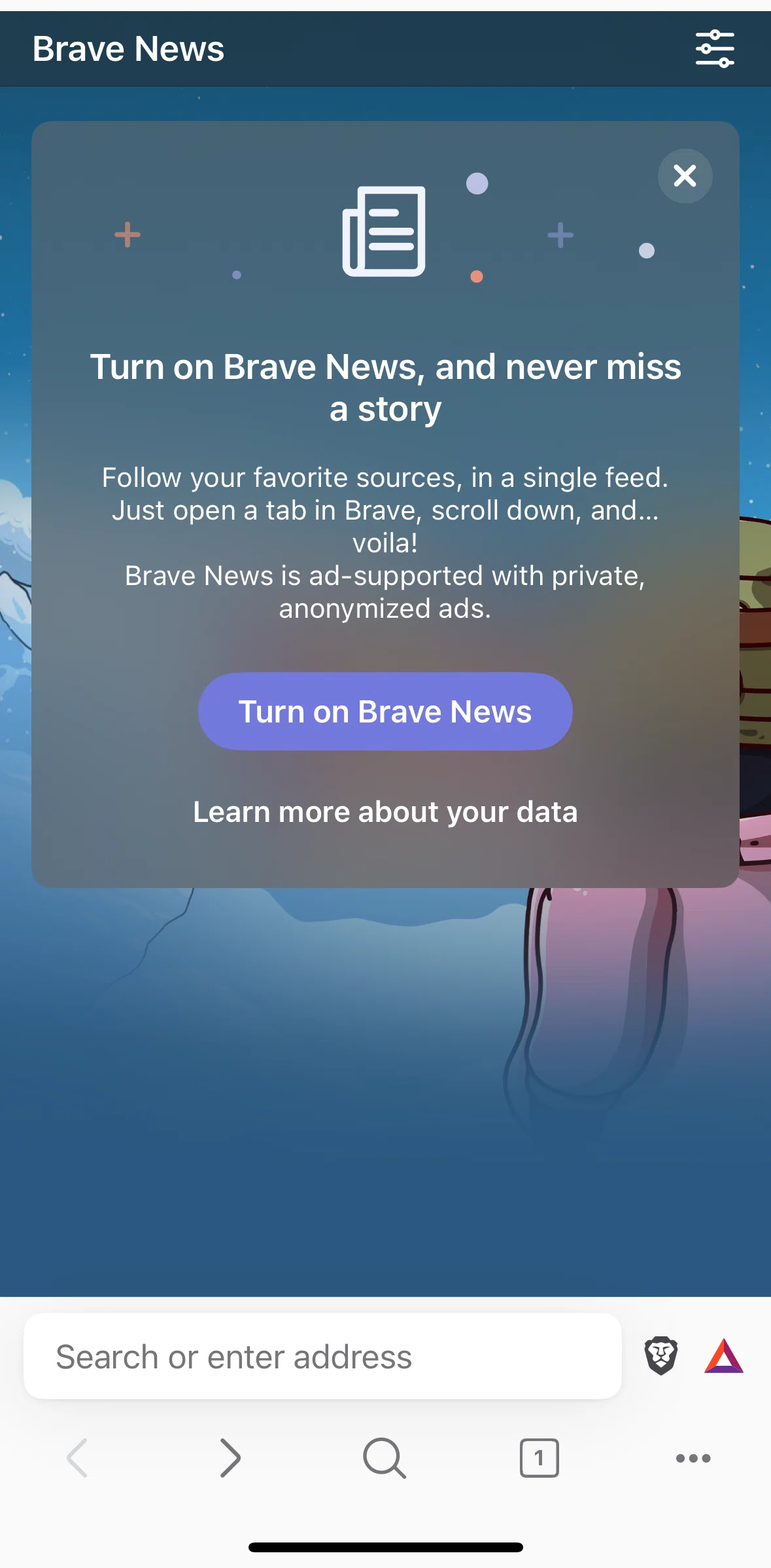 Brave Browser Screen screen in the Turning on Brave News flow