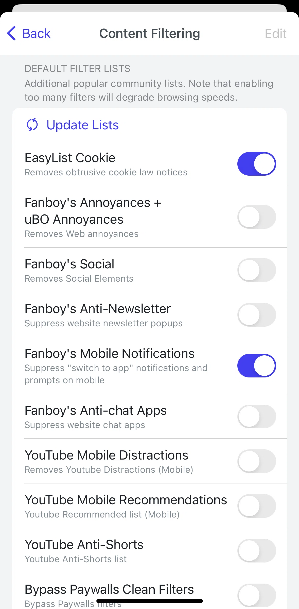 Brave Browser Screen screen in the Updating lists flow