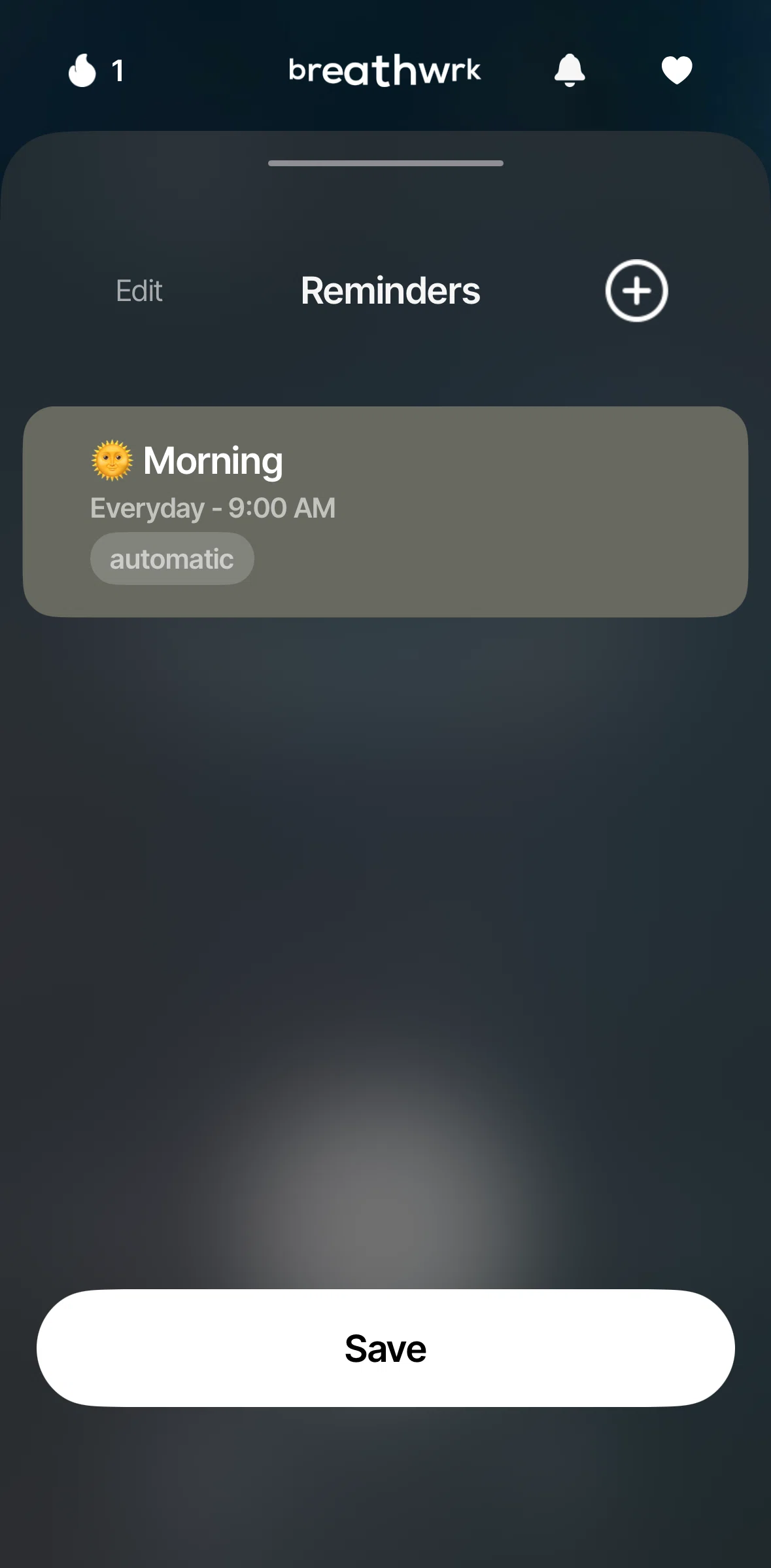 Breathwrk Screen screen in the Adding a reminder flow