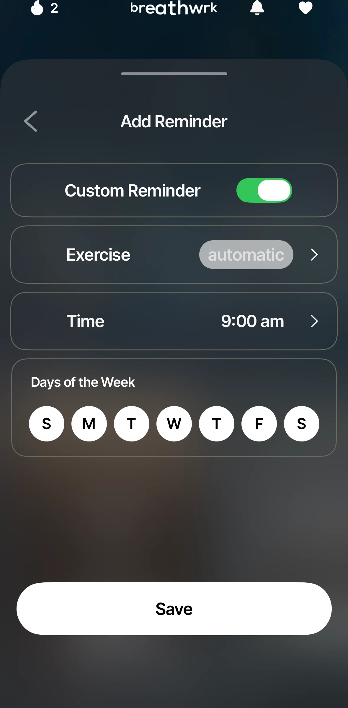 Breathwrk Screen screen in the Adding a time flow