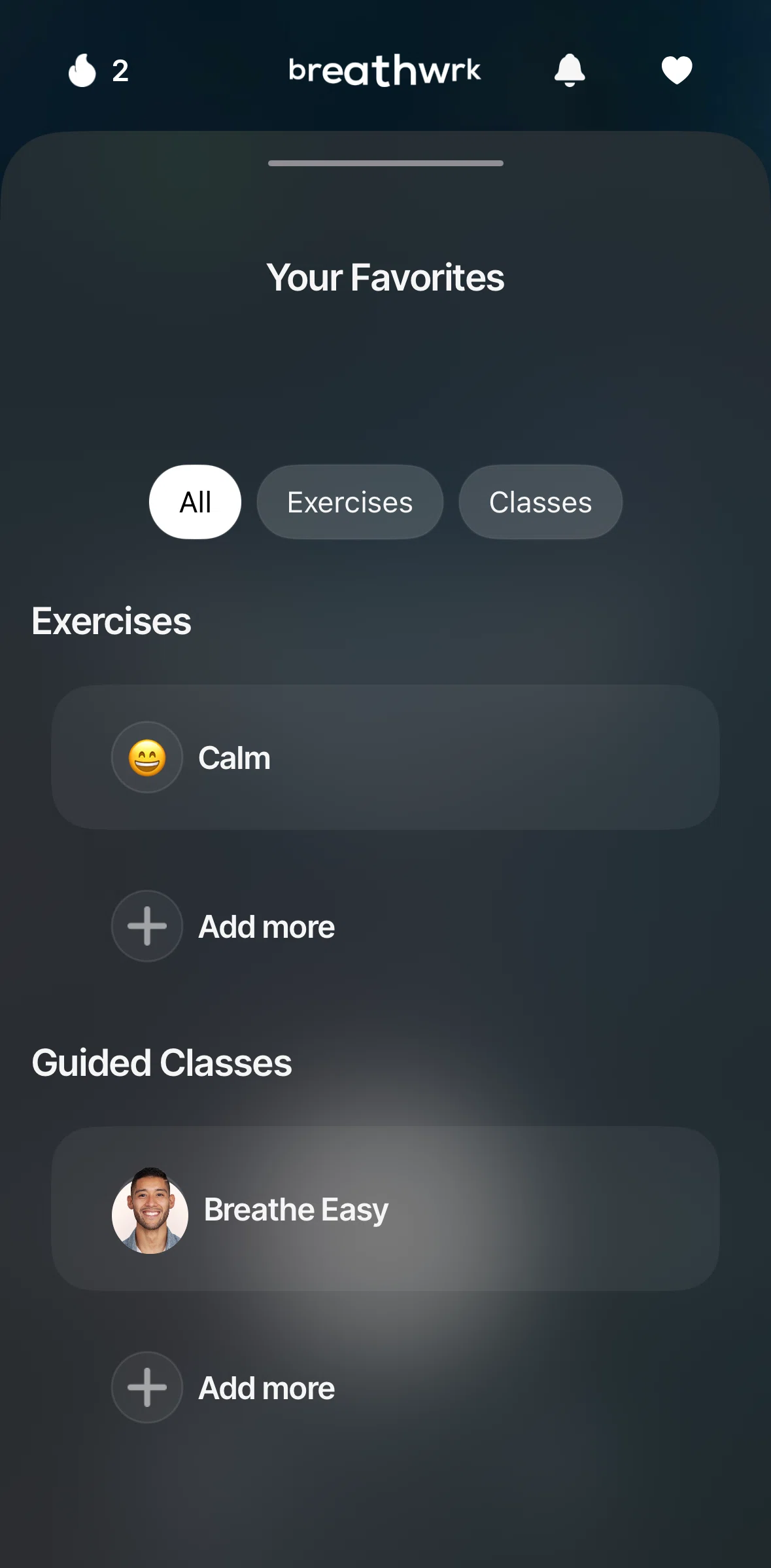 Breathwrk Screen screen in the Adding an exercise to favorites flow