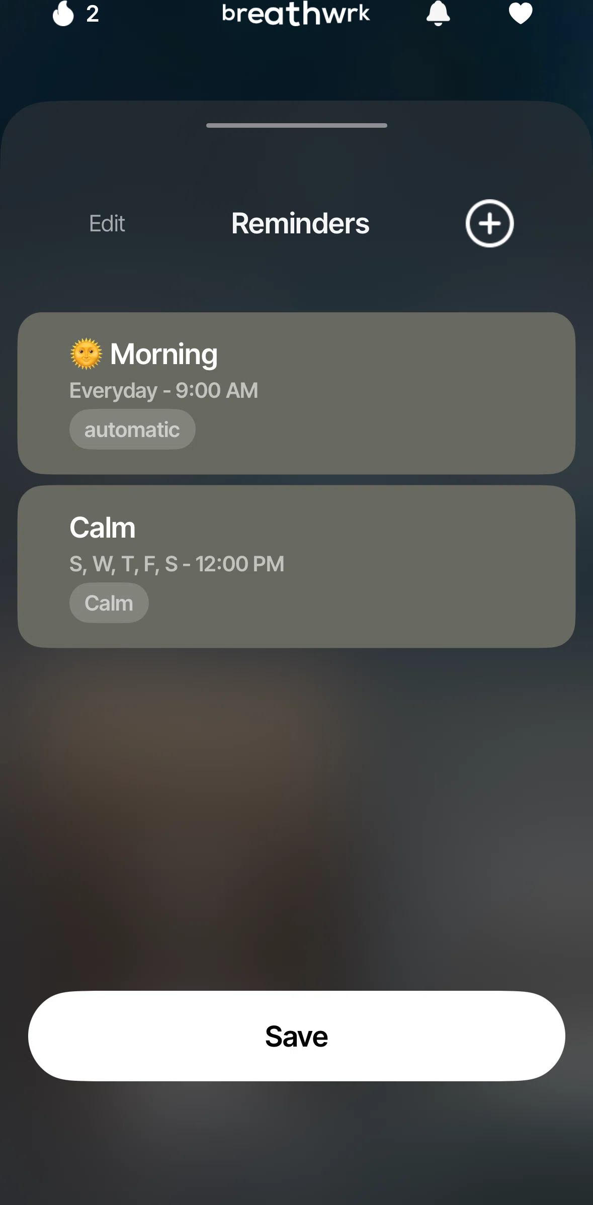 Breathwrk Screen screen in the Deleting a reminder flow