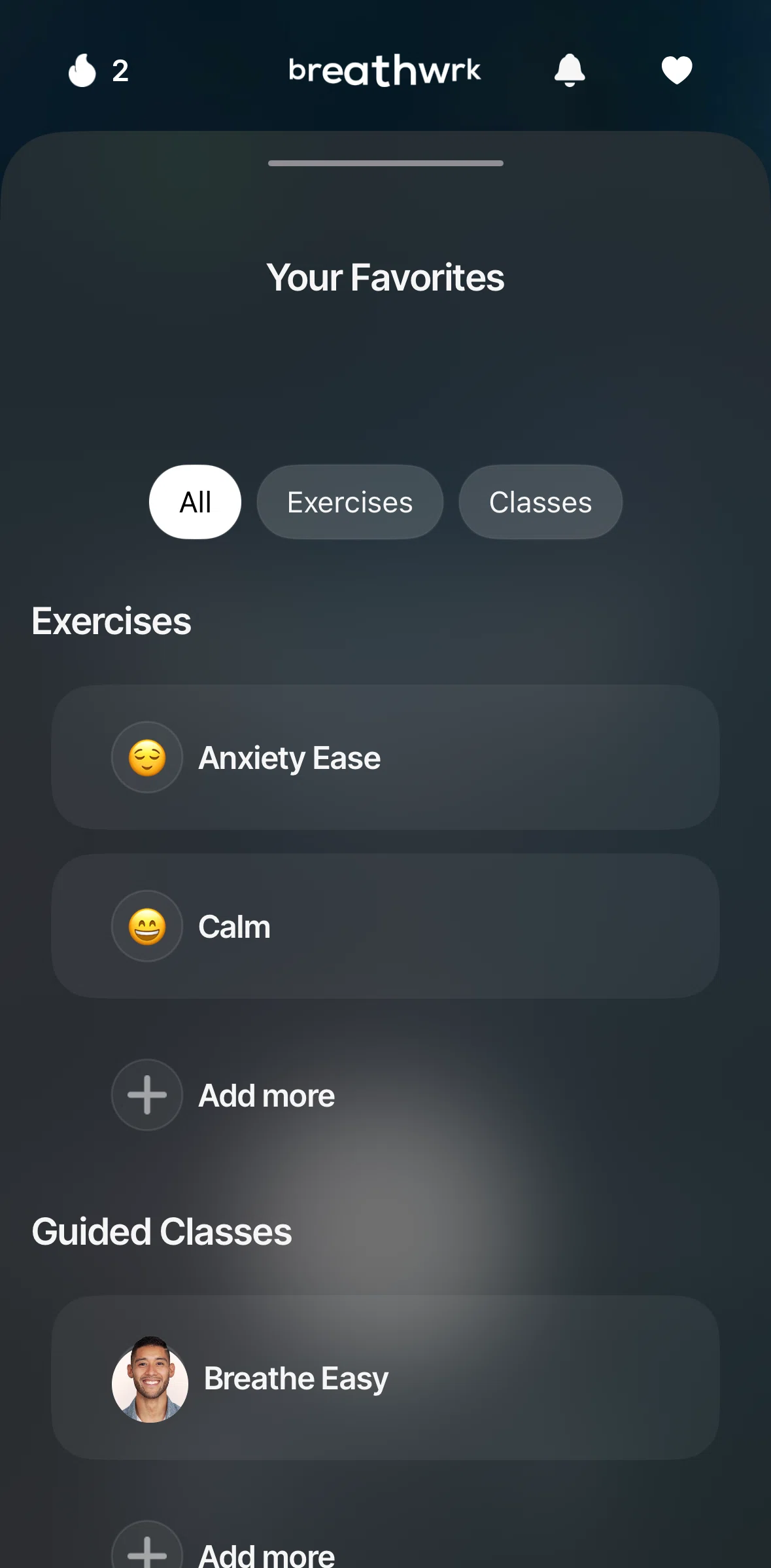 Breathwrk Screen screen in the Removing an exercise from favorites flow
